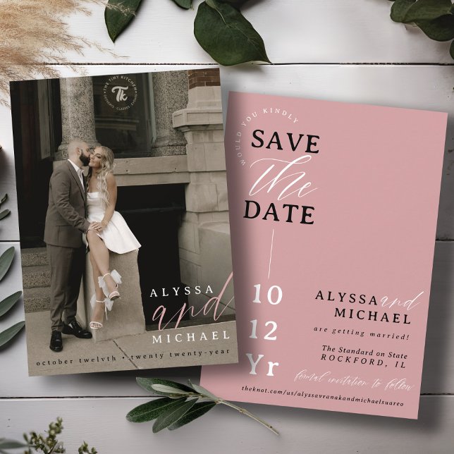 Reserve A Data Casamento de Foto Simples e Moderno com Rosa de Du (Elegant modern photo typography script simple wedding save the date, black and white dusty rose pink)