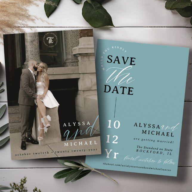 Reserve A Data Casamento de Foto Simples Moderno de Teal Suave El (Elegant modern photo typography script simple wedding save the date, black, white, soft dusty teal )