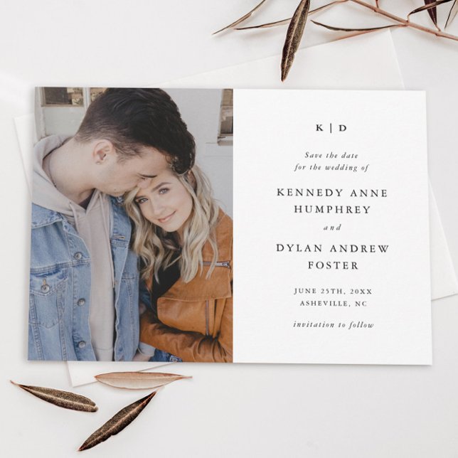 Reserve A Data Casamento de Foto Simples Preto e Branco Elegante  (Simple black and white typography monogram photo wedding save the date.)