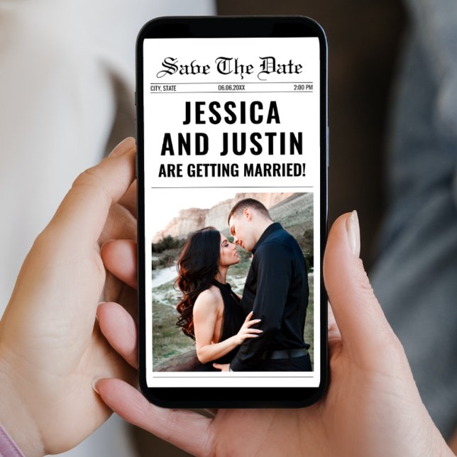 Reserve A Data Casamento de Foto Simples Simples em Jornal (Newspaper Unique Simple Chic Photo Wedding Save The Date digital save the date card template)