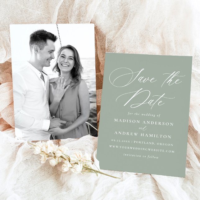 Reserve A Data Casamento de Foto Verde Elegante Sage (Criador carregado)
