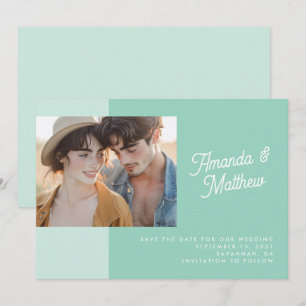 Reserve A Data Casamento de Foto Verde-Mint com Bloco de Cor Mode