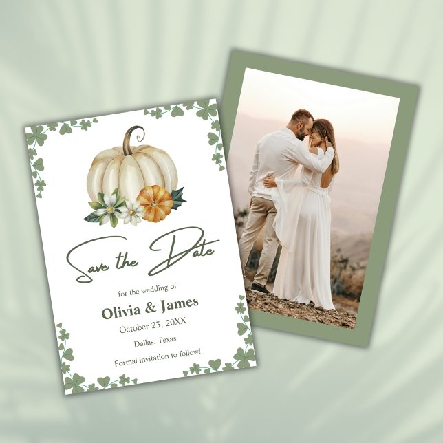 Reserve A Data Casamento de Foto Verde Pumpkin Sage em Amor (Fall in Love Pumpkin Greenery Sage Green Photo Wedding Save The Date Card )