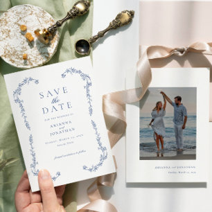 Reserve A Data Casamento de Foto Vitoriana Azul Simples Elegante