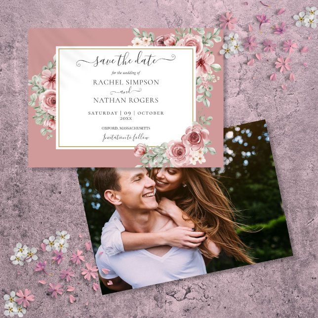 Reserve A Data Casamento de Fotografia Botânica com Dusty Rosa Fl (Dusty Rose Floral Botanical Photo Wedding Save The Date)