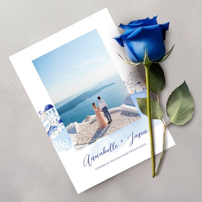 Reserve A Data Casamento de Fotografia do Casal de Aquarela da Gr (Santorini Greece Watercolor Couple Photo Wedding Save The Date)