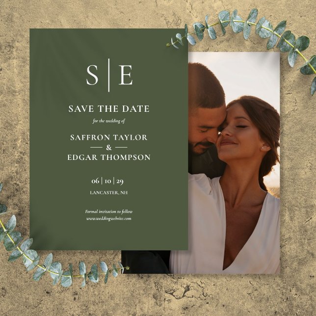 Reserve A Data Casamento de Fotografia do Monograma Verde-Oliva (Olive Green Monogram Photo Wedding Save The Date)