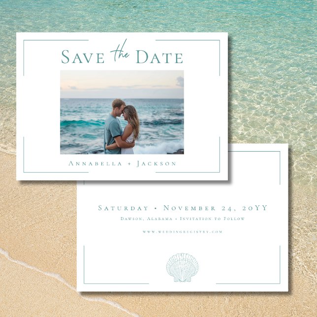 Reserve A Data Casamento de Fotografia do Shell Branco da Aqua co (Minimal Typography Aqua White Shell Photo Wedding Save The Date)