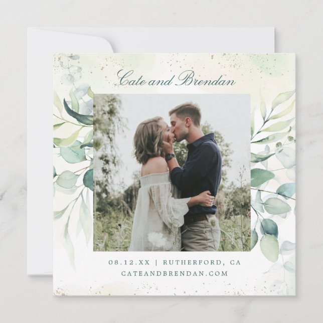 Reserve A Data Casamento de Fotografia Elegante com Eucalipto (Frente)