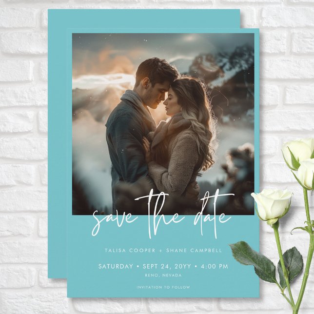 Reserve A Data Casamento de Fotografia Moderna de Teal Dusty Míni (Minimal Dusty Aqua Teal Modern Photo Wedding Save The Date)