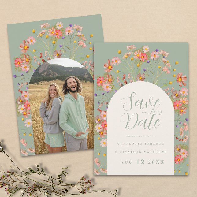 Reserve A Data Casamento de Fotografia Verde do Modern Wildflower (Boho wildflower rustic photo arch sage green wedding save the date invitation Elegant script)