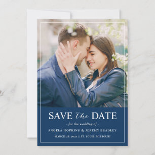 Reserve A Data Casamento de Fotografias Azul com Marinho Simples 