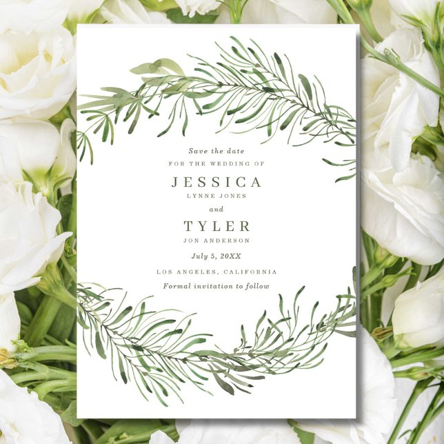 Reserve A Data Casamento de Fotografias Botânicas Elegante (Elegant Botanical Greenery Photo Wedding Save The Date)