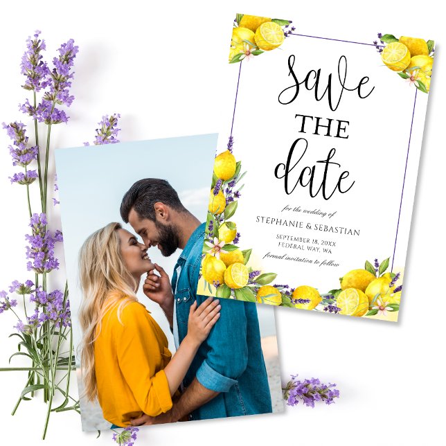 Reserve A Data Casamento de Fotografias com Limão de Aquarela (Watercolor Lemon Lavender Photo Wedding Save The Date)