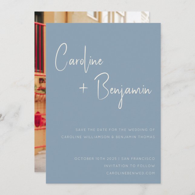 Reserve A Data Casamento de Fotografias com Script Azul Simples M (Frente/Verso)