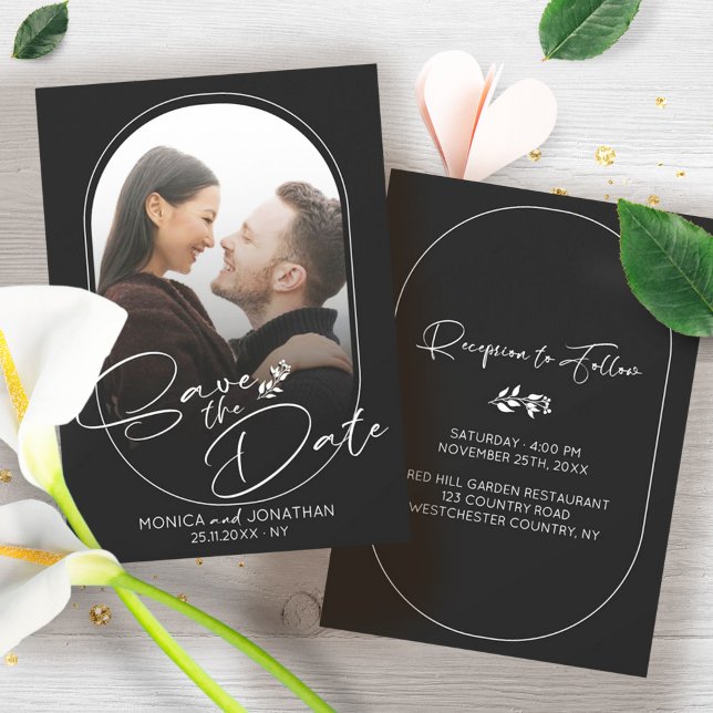 Reserve A Data Casamento de Fotografias com Script Branco e Preto (Modern Minimalist One Photo Wedding Save The Date Black and White)