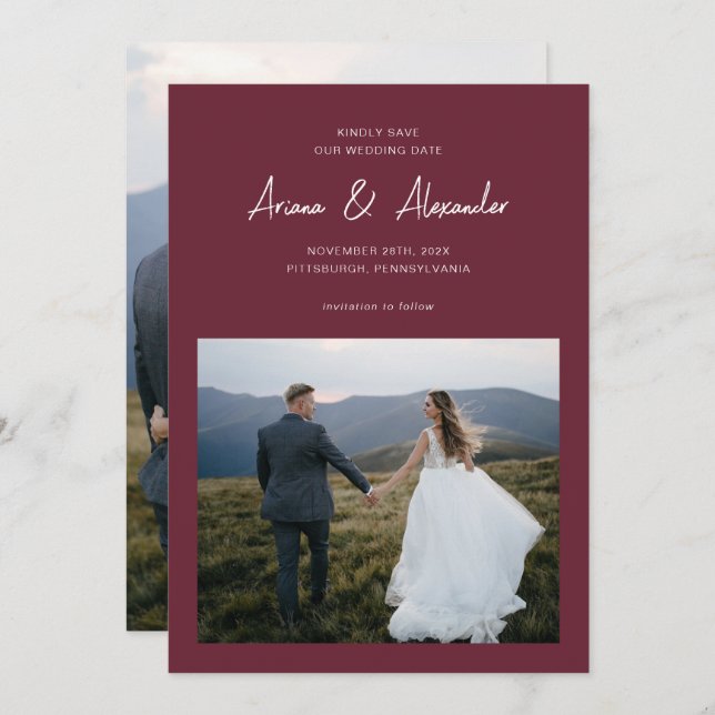 Reserve A Data Casamento de Fotografias com Script Burgundy Simpl (Frente/Verso)