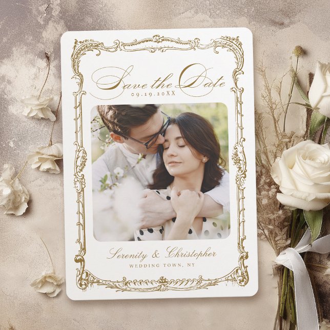 Reserve A Data Casamento de Fotografias com Script Clássico de Qu (Gold Vintage Frame Classic Script Photo Wedding Save The Date)