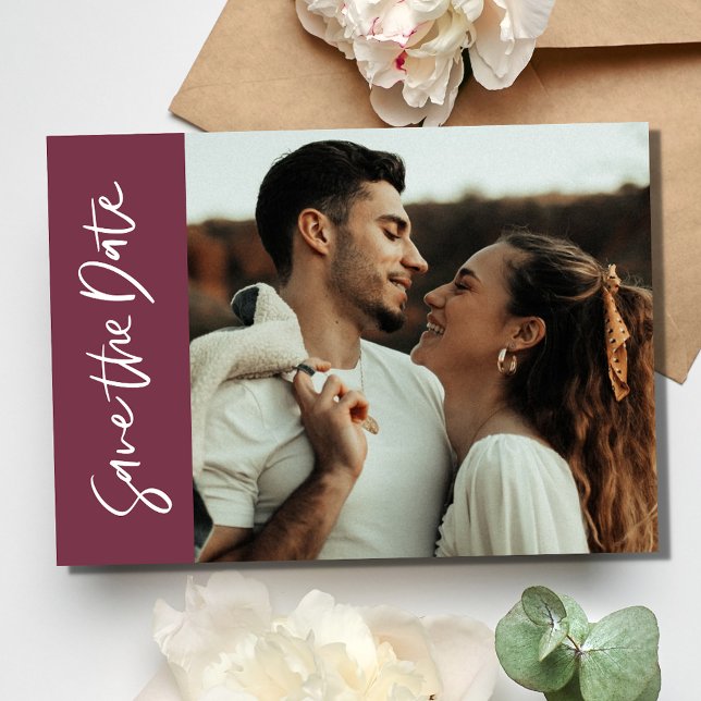 Reserve A Data Casamento de Fotografias Contemporâneas Romântica  (Romantic Burgundy Contemporary Photo Wedding Save The Date)