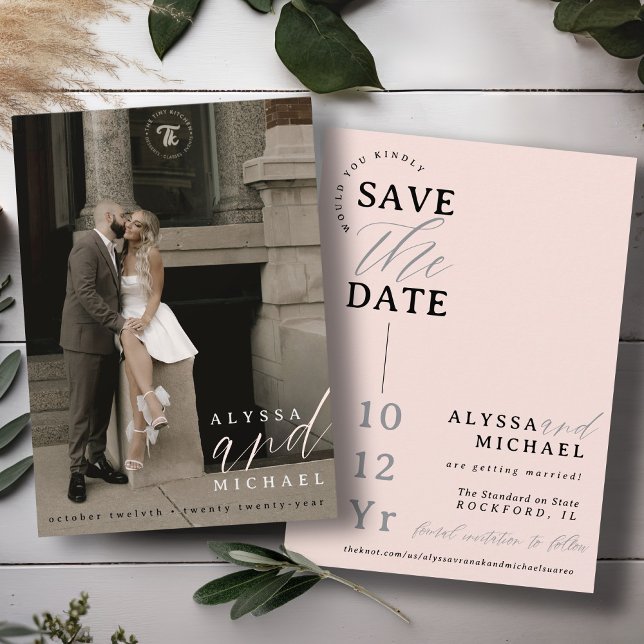 Reserve A Data Casamento de Fotografias Cor-de-Rosa Simples Blush (Elegant modern photo typography script simple wedding save the date, blush pink, black, gray, white)
