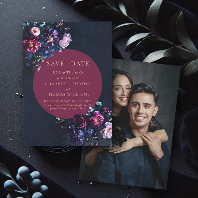 Reserve A Data Casamento de Fotografias da Borgonha Floral Moody  (wedding save the date moody dark romantic gothic floral navy blue burgundy photo announcement)
