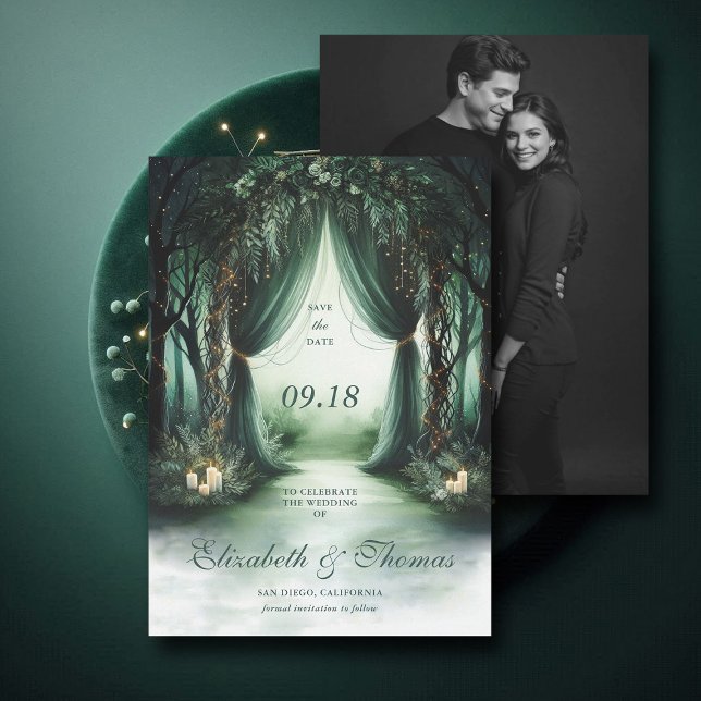 Reserve A Data Casamento de Fotografias da Floresta Moody Dark En (enchanted forest woodland wedding save the date arch canopy calligraphy fairy tale magic bespoke)