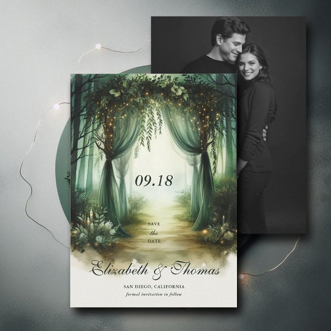 Reserve A Data Casamento de Fotografias da Floresta Moody Woodlan (enchanted forest woodland wedding save the date arch canopy calligraphy fairy tale magic moody green)