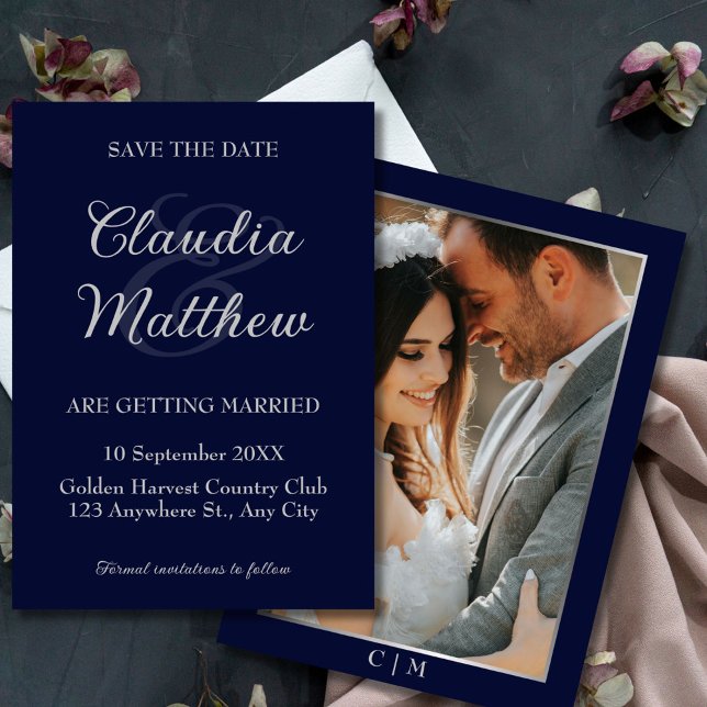 Reserve A Data Casamento de Fotografias de Script Azul e Silver E (Elegant Blue & Silver Script Photo Wedding Save The Date)