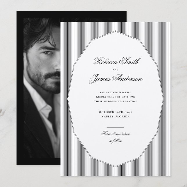 Reserve A Data Casamento de Fotografias de Stripes Negras Clássic (Frente/Verso)