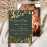 Reserve A Data Casamento de Fotografias de Suavimentos Dourados V<br><div class="desc">Casamento verde-escuro Salve a data acentuada com elegantes e divertidos turbilhões de ouro e floresce. Personalizado com suas informações na frente e sua foto na parte de trás. Entre em contato comigo para obter assistência com suas personalizações ou para solicitar outros produtos Zazzle correspondentes ou coordenadores para suas ocasiões especiais....</div>