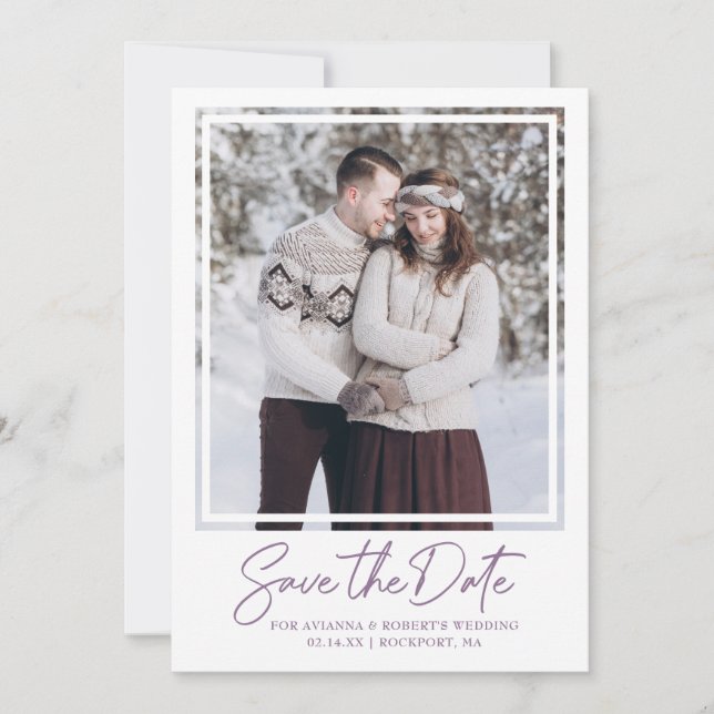 Reserve A Data Casamento de Fotografias de Texto Roxo Dusty (Frente)