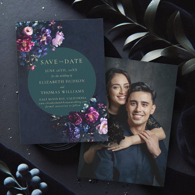 Reserve A Data Casamento de Fotografias de Tonelada Floral Elegan (wedding save the date moody dark romantic gothic floral navy blue emerald jewel tone photo template)