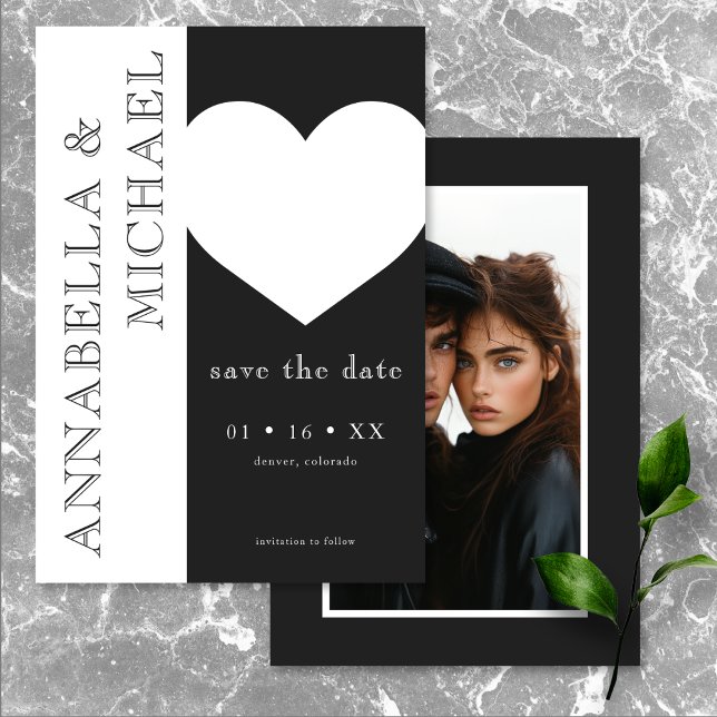 Reserve A Data Casamento de Fotografias do Coração Branco Negro d (Modern Typography Black White Heart Photo Wedding Save The Date)
