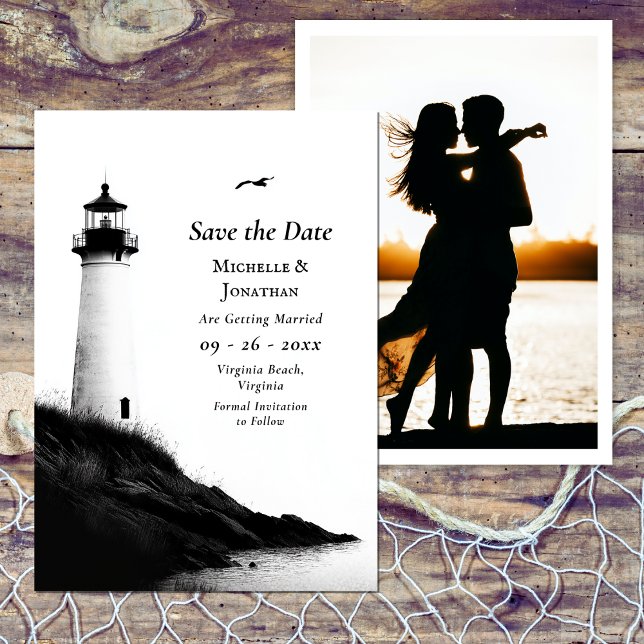 Reserve A Data Casamento de Fotografias do Farol Náutico de Praia (Coastal Beach Nautical Lighthouse Photo Wedding Save The Date)