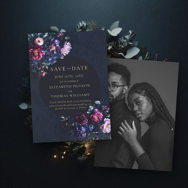 Reserve A Data Casamento de Fotografias do Marinho Floral Moody D (wedding save the date moody dark romantic gothic floral navy blue photo invitation)
