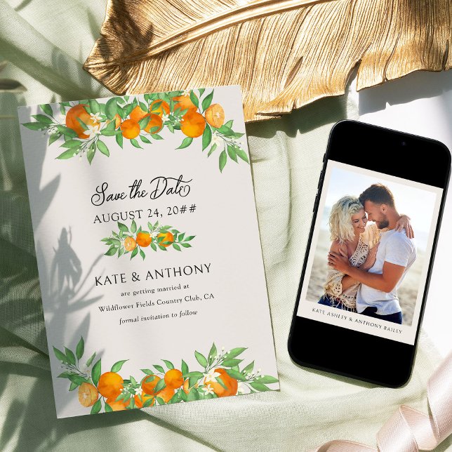 Reserve A Data Casamento de Fotografias do Noivado Orange Blossom (Save the Date with Photo from the Orange Blossom Wedding Collection by Darling & May)