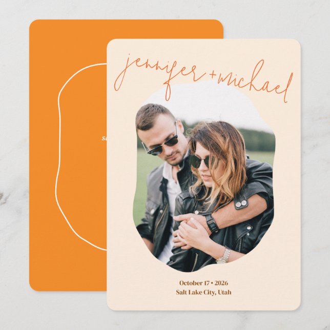 Reserve A Data Casamento de Fotografias do Script Laranja Colorid (Frente/Verso)