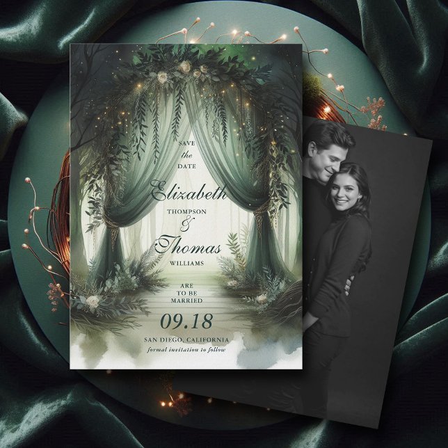 Reserve A Data Casamento de Fotografias do Sonho Elegante Florest (enchanted forest woodland wedding save the date arch canopy calligraphy fairy tale elegant moody)