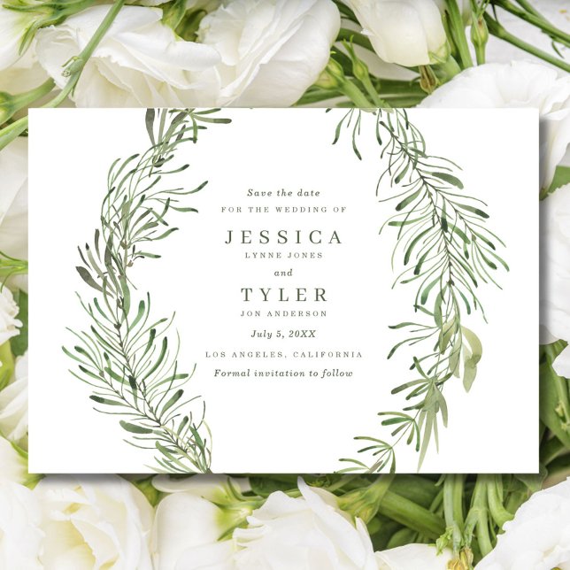 Reserve A Data Casamento de Fotografias Elegante em Greenery Botâ (Botanical Greenery Elegant Photo Wedding Save The Date)