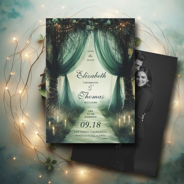 Reserve A Data Casamento de Fotografias Escuras e Elegantes Flore (enchanted forest woodland wedding save the date arch canopy calligraphy fairy tale elegant dark mood)