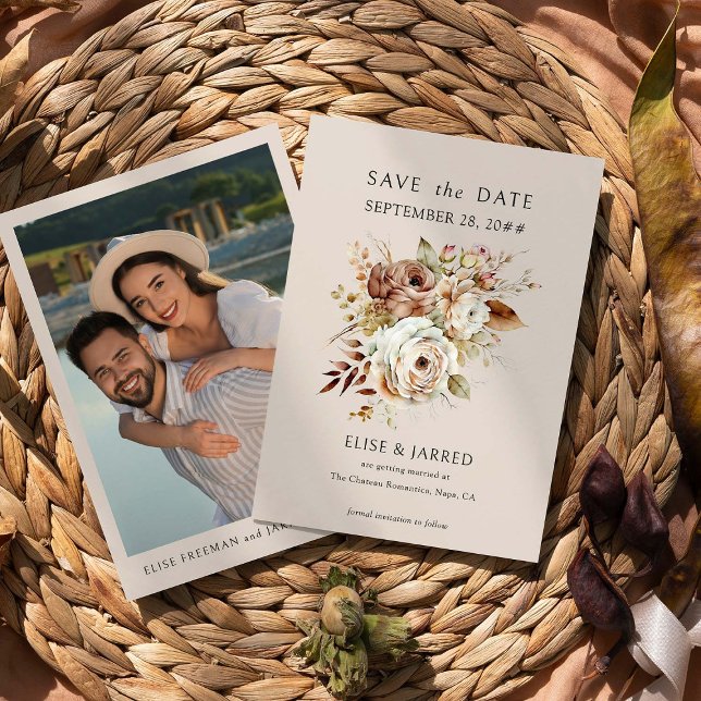 Reserve A Data Casamento de Fotografias Floral e Noivado da Rússi (Save the Date Photo Invite from the Rustic Floral Brown Neutral Wedding Collection by Darling & May)