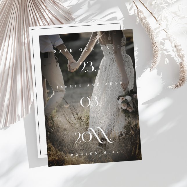 Reserve A Data Casamento de Fotografias Mínimo Branco Negro Elega (Criador carregado)