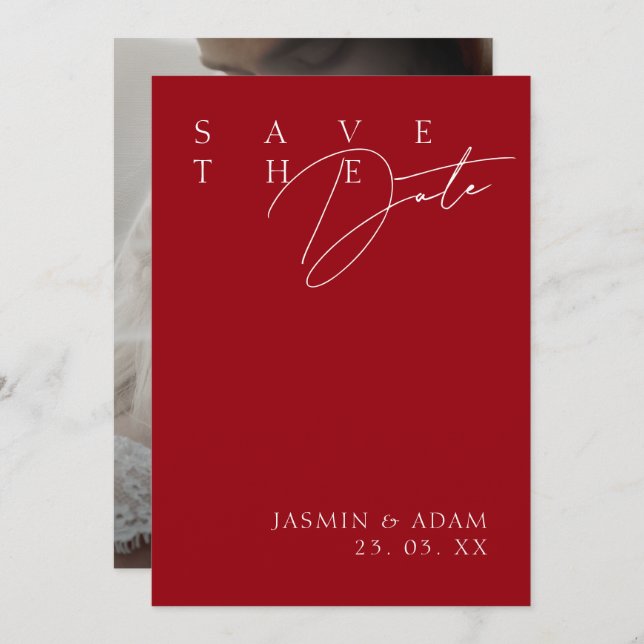 Reserve A Data Casamento de Fotografias Modernas Brancas Vermelha (Frente/Verso)