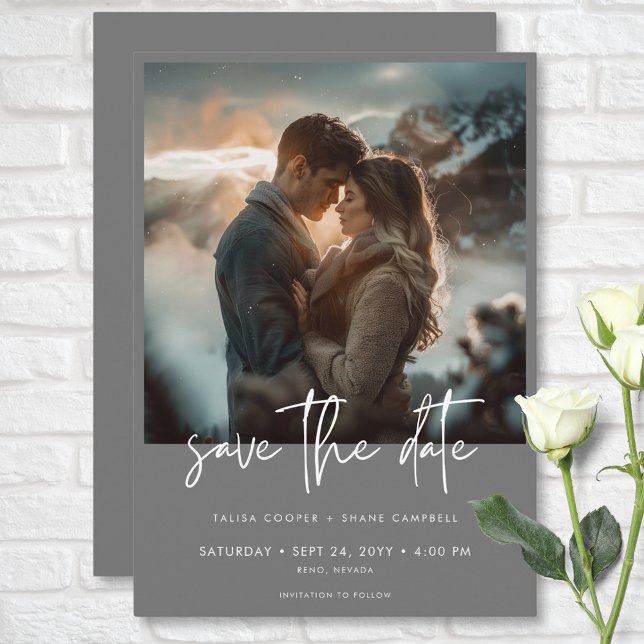 Reserve A Data Casamento de Fotografias Modernas da Cinza Silver (Minimal Silver Gray Modern Photo Wedding Save The Date)