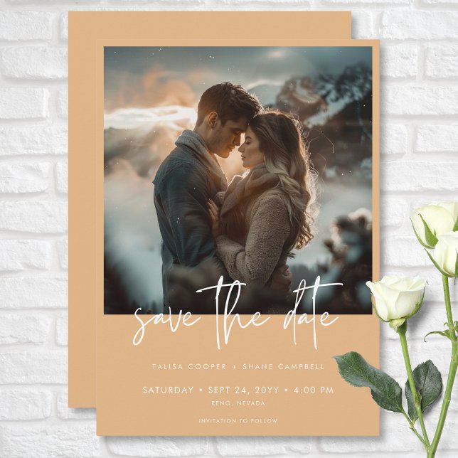Reserve A Data Casamento de Fotografias Modernas de Pessegueira M (Minimal Dusty Peach Modern Photo Wedding Save The Date)