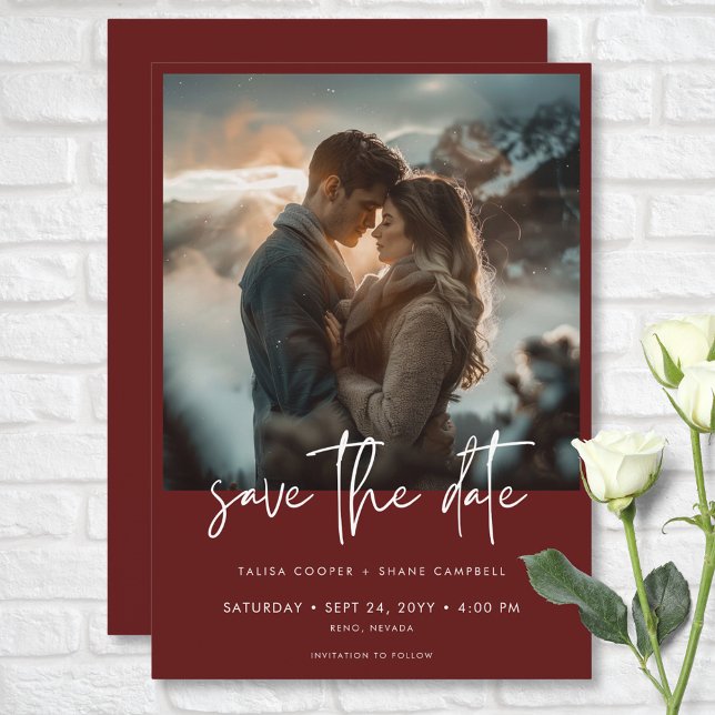 Reserve A Data Casamento de Fotografias Modernas do Minimamente D (Minimal Dusty Burgundy Wine Modern Photo Wedding Save The Date)