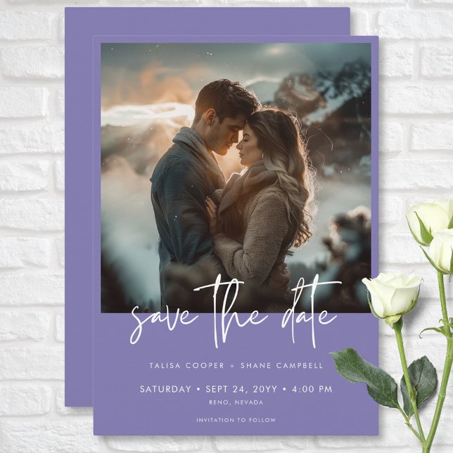 Reserve A Data Casamento de Fotografias Modernas Roxas com Lavand (Minimal Dusty Lavender Purple Modern Photo Wedding Save The Date)