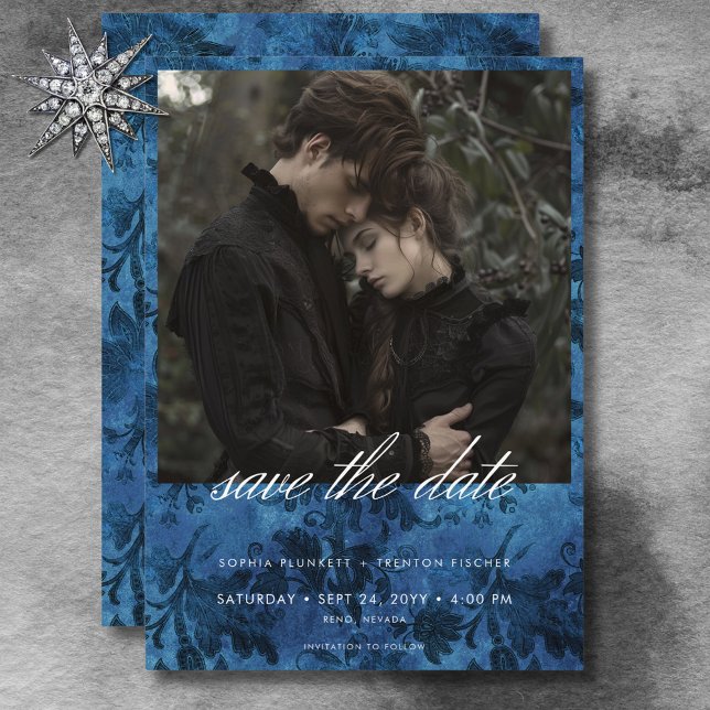 Reserve A Data Casamento de Fotografias Negra Azul e Negra (Dark Moody Black & Blue Damask Photo Wedding Save The Date)