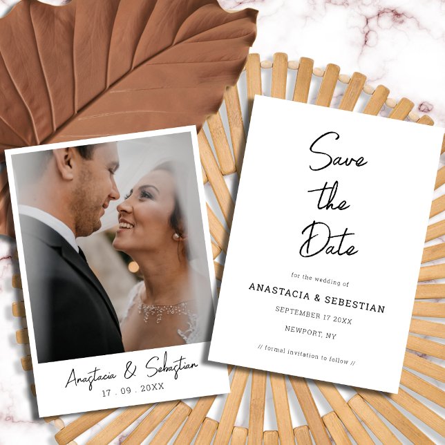Reserve A Data Casamento de Fotografias Negra e Branca Modernas c (Elegant Script Modern Black & White Photo Wedding Save The Date)