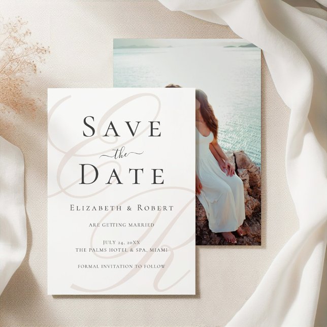 Reserve A Data Casamento de Fotografias Personalizadas do Monogra (Minimalist Beige Monogram Custom Photo Wedding Save The Date on a silk tableclothes)